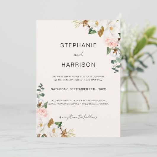 Wit & Blush Magnolia Bloemen Bruiloft QR Code Kaart (Staand voorkant)