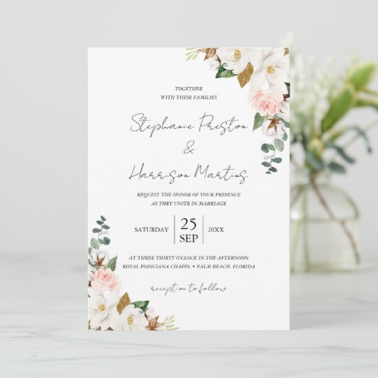 Wit & Blush Magnolia Bloemen Bruiloft QR Code Kaart (Staand voorkant)
