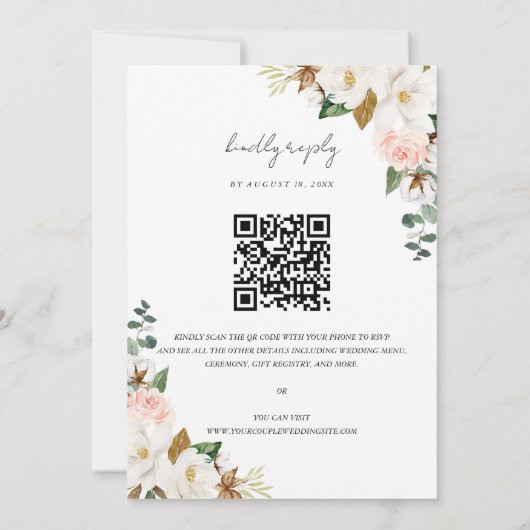 Wit & Blush Magnolia Bloemen Bruiloft QR Code Kaart (Achterkant)