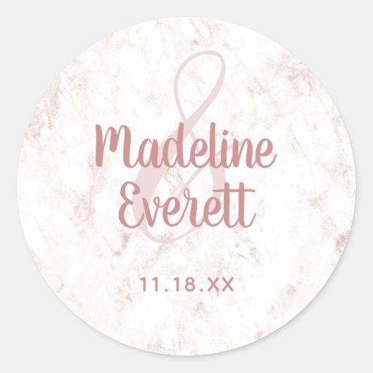 Wit Blush Marmer en Roos Goud Monogram Bruiloft Ronde Sticker (Voorkant)