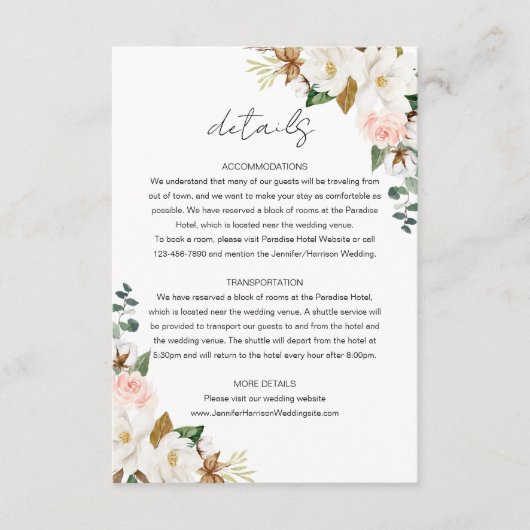 Wit & Blush Roze Magnolia Bloemen Bruiloft Details Informatiekaartje (Voorkant)