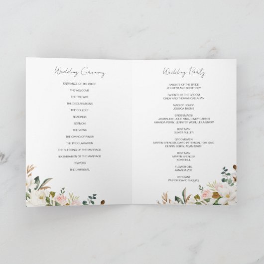 Wit & Blush Roze Magnolia Bloemen Bruiloft Gevouwe Programma (Binnen)