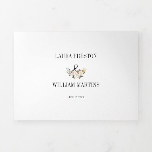 Wit & Blush Roze Magnolia Blossom Trouwfoto Drieluik Uitnodiging (Cover)