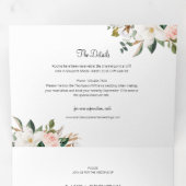 Wit & Blush Roze Magnolia Blossom Trouwfoto Drieluik Uitnodiging (Binnenzijde eerst)