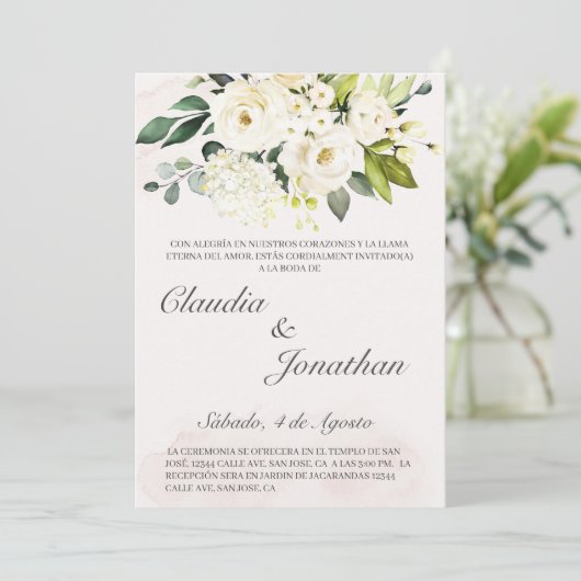 Wit boeket spaanse bruiloft uitnodiging (Staand voorkant)