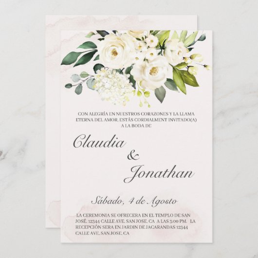 Wit boeket spaanse bruiloft uitnodiging (Voorkant / Achterkant)