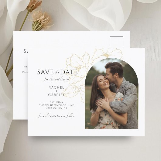 Wit | Boho Arch Gouden Bloemen Huwelijk Briefkaart