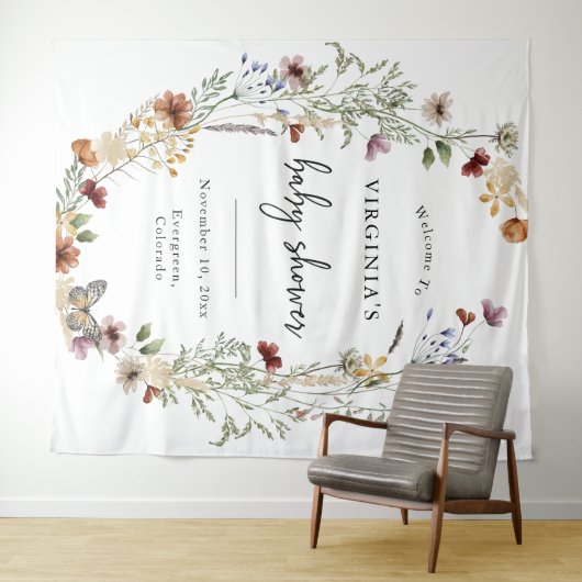 Wit Boho Bloemen Baby shower Wandkleed (In Situ (horizontaal))