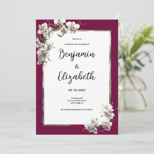 Wit bordeaux goud tropische orchidee bloemenbruilo kaart (Staand voorkant)