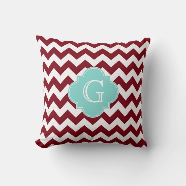 Wit-Bordeauxruit Chevron Aqua Vierblad Monogram Kussen (Voorkant)