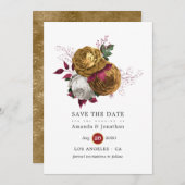 Wit, Bourgogne en Gouden Bloemen Bruiloft Save The Date (Voorkant / Achterkant)