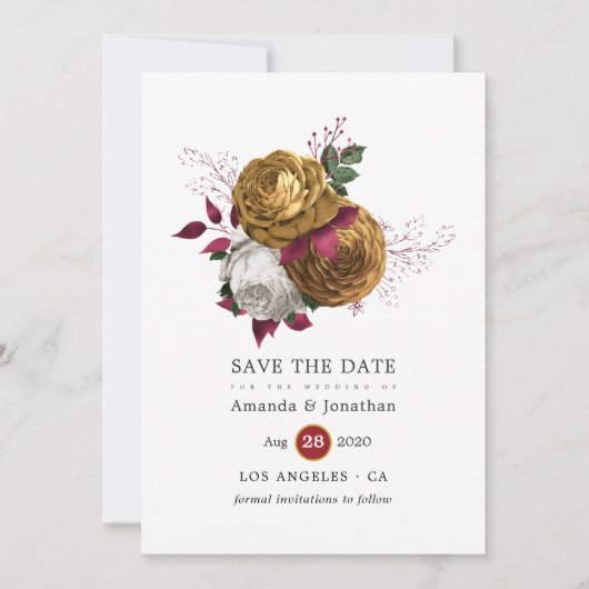 Wit, Bourgondië en Gouden Bloemen Bruiloft Save The Date (Voorkant)