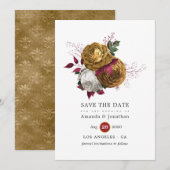 Wit, Bourgondië en Gouden Bloemen Bruiloft Save The Date (Voorkant / Achterkant)