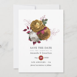 Wit, Bourgondiër en Gouden Bloemen Bruiloft Save The Date