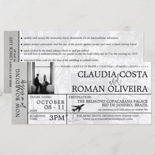 Wit Brazilië Bruiloft Boarding Pass uitnodiging (Voorkant / Achterkant)