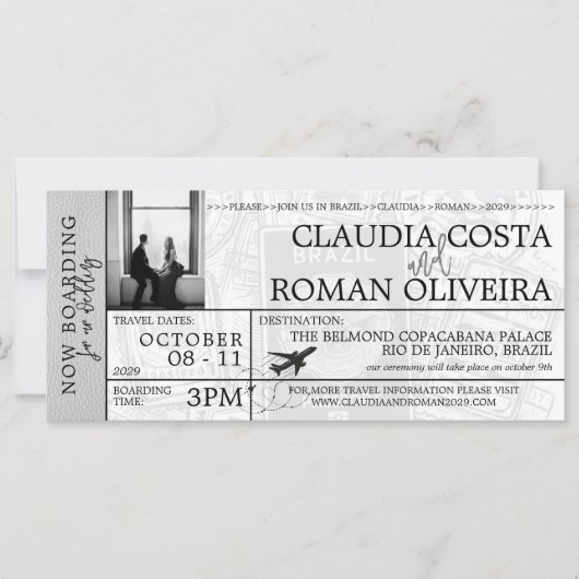 Wit Brazilië Bruiloft Boarding Pass uitnodiging (Voorkant)