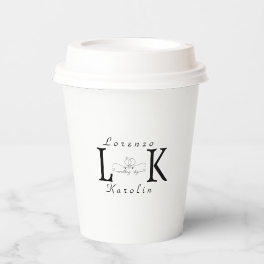 Wit Bruiloft Monogram Eenvoudig Elegant Minimalist Papieren Bekers (Voorkant)