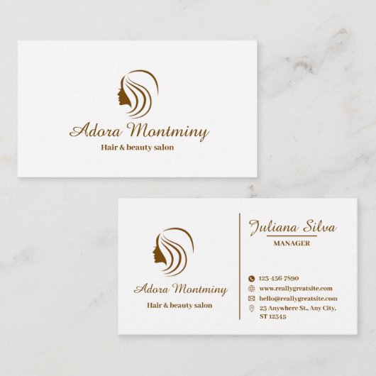 Wit & Bruin Eenvoudige Minimale Haar & Schoonheids Visitekaartje (Voorkant / Achterkant)