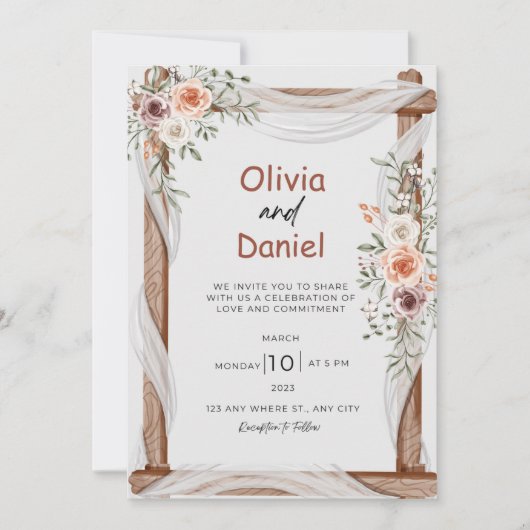 Wit Bruin Rustieke Bloemen Bruiloft Kaart (Voorkant)