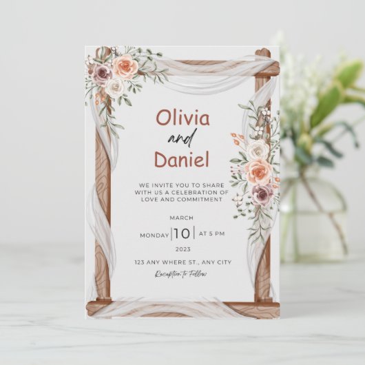 Wit Bruin Rustieke Bloemen Bruiloft Kaart (Staand voorkant)