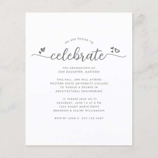 Wit Budget Foto Afstuderen Grijs Script Invite (Achterkant)