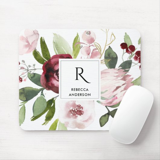  WIT-BURGUNDY PROTEA FLORAL MUISMAT (Met muis)