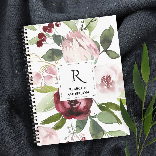 WIT-BURGUNDY PROTEA FLORAL NOTITIEBOEK