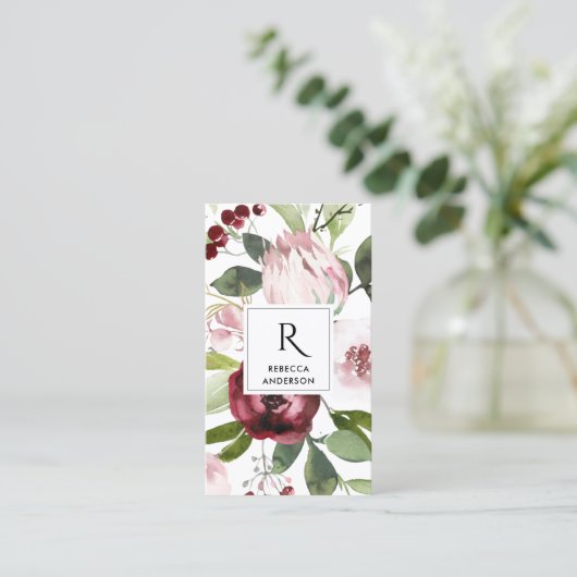  WIT-BURGUNDY PROTEA FLORAL VISITEKAARTJE (Staand voorkant)