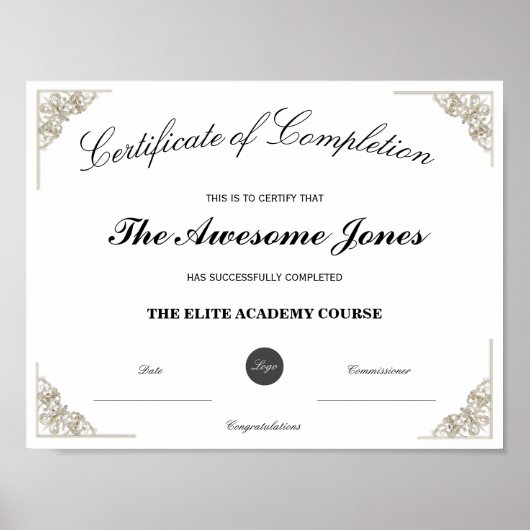 Wit Certificaat van Voltooiing Aangepast Logo Poster (Voorkant)