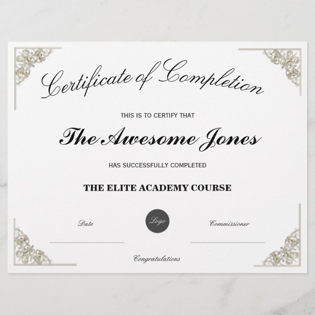 Wit certificaat van voltooiing met de Logo van de  (Voorkant)