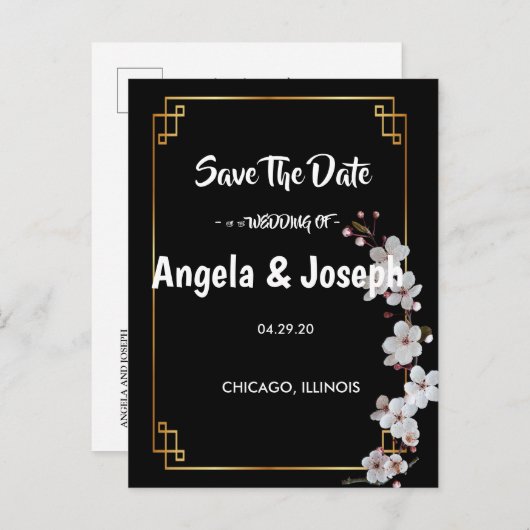 wit Cherry Blossoms & golden Lijst Save the Date Aankondigingskaart (Voorkant / Achterkant)