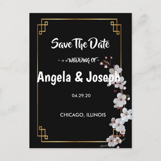 wit Cherry Blossoms & golden Lijst Save the Date Aankondigingskaart (Voorkant)