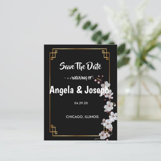 wit Cherry Blossoms & golden Lijst Save the Date Aankondigingskaart (Staand voorkant)