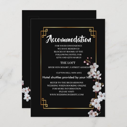 wit Cherry Blossoms & gouden Lijst Accommodatie Aankondigingskaart (Voorkant / Achterkant)