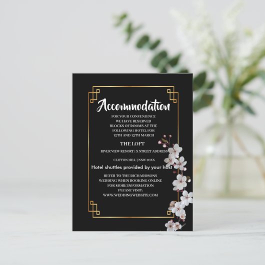 wit Cherry Blossoms & gouden Lijst Accommodatie Aankondigingskaart (Staand voorkant)