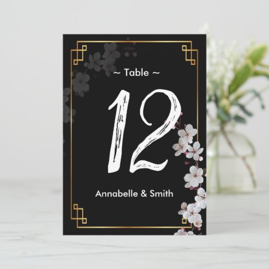 wit Cherry Blossoms & gouden Lijst tafelnummer (Staand voorkant)