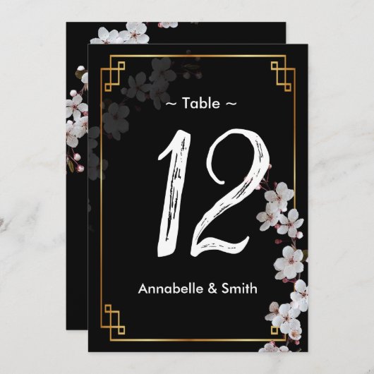wit Cherry Blossoms & gouden Lijst tafelnummer (Voorkant / Achterkant)
