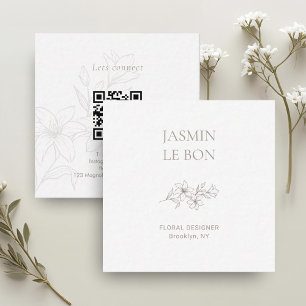 Wit Chic Minimal Floral Square QR Zakelijk Vierkante Visitekaartje