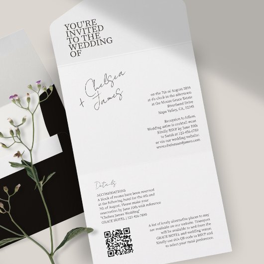 Wit | Chic moderne all-in-one trouwuitnodiging All In One Uitnodiging