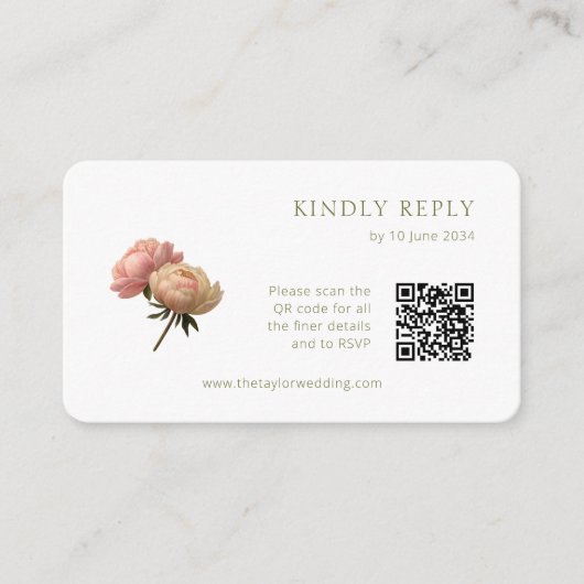 Wit | Chic Roze Huwelijk RSVP QR Code Informatiekaartje (Voorkant)