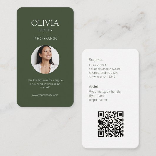 Wit / Chique Donker Sage Groen Foto Sociale QR Cod Visitekaartje (Voorkant / Achterkant)