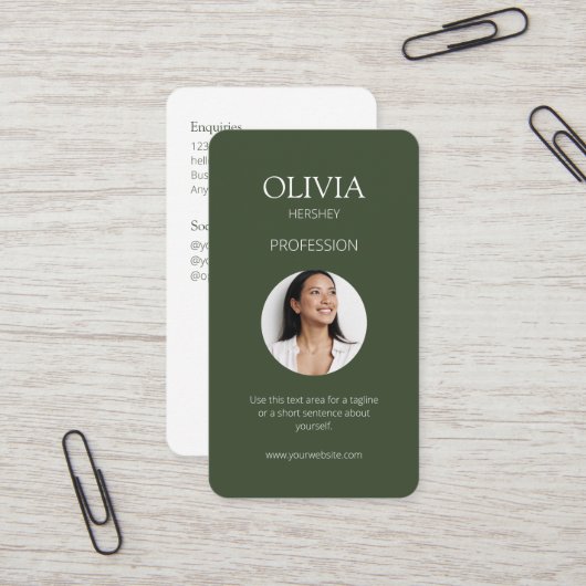 Wit / Chique Donker Sage Groen Foto Sociale QR Cod Visitekaartje (Voorkant / Achterkant in situ)