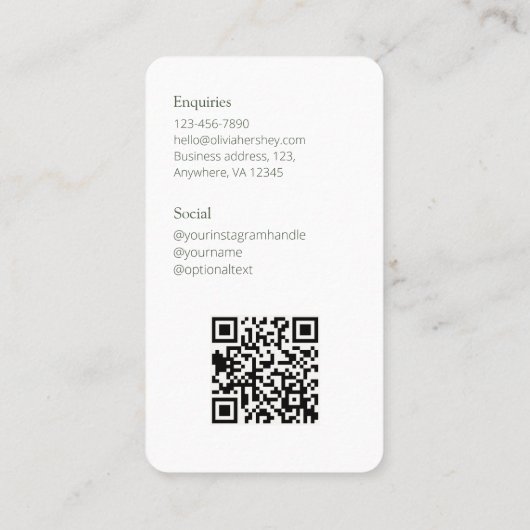 Wit / Chique Donker Sage Groen Foto Sociale QR Cod Visitekaartje (Achterkant)