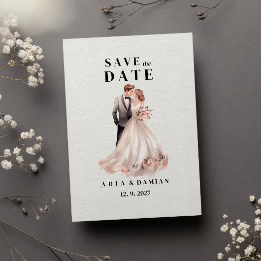 Wit chique roze bloemenpaar foto Save the Date Kaart