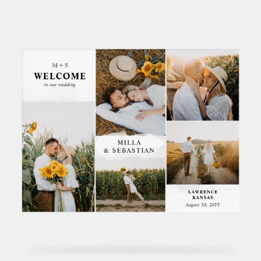 Wit Clean Modern Initialen & 5 foto's Welkom Acryl Bord (Voorkant)