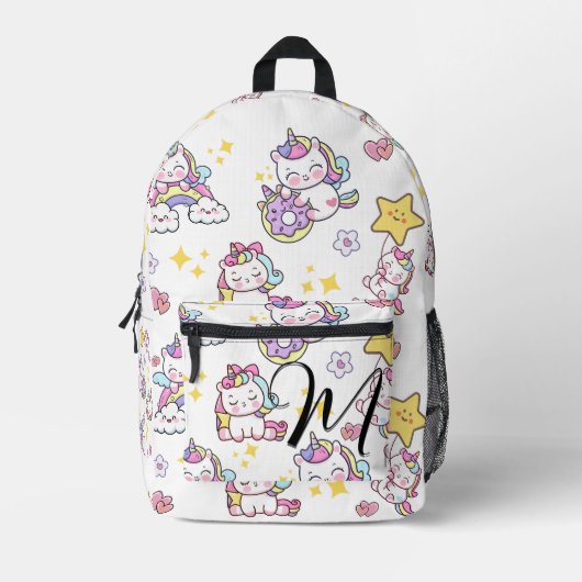 Wit Custom Monogram Topografie Schattigee Eenhoorn Bedrukte Rugzak (Voorkant)