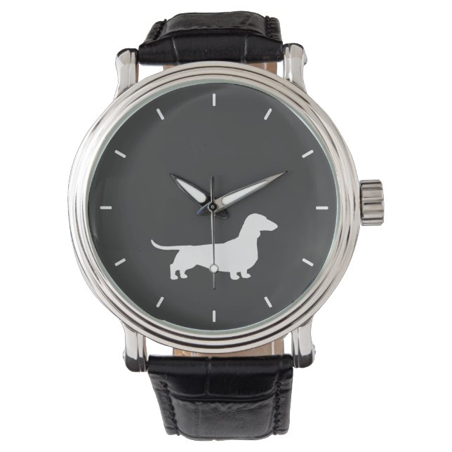 Wit Dachshund Silhouet | Hondenliefhebber van Wien Horloge (Voorkant)