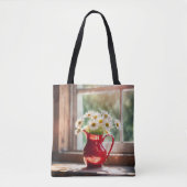 Wit Daisy boeket in rode pitcher Tote Bag (Voorkant)