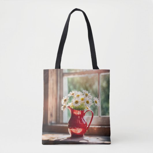 Wit Daisy boeket in rode pitcher Tote Bag (Voorkant)