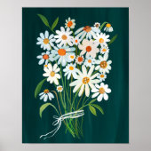 Wit Daisy Boeket op Blauwgroen Gouache Schilderkun Poster (Voorkant)